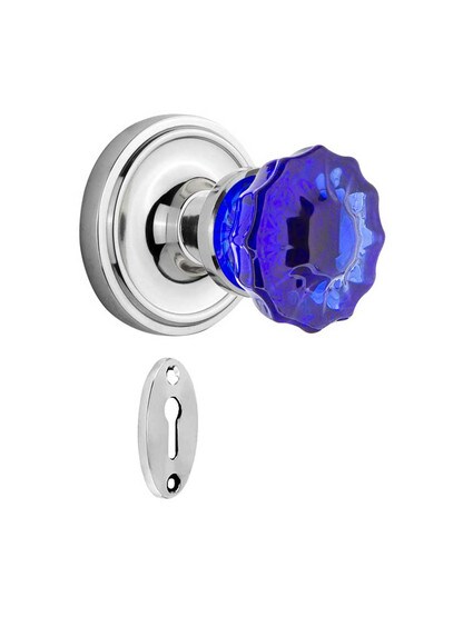 Classic Rosette Mortise Lock Set with Colored Fluted Crystal Glass Knobs Cobalt Blue in Polished Chrome.